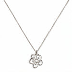 A Hawthorn May Flower Pendant Necklace by Skōsh Jewelry, featuring an open cutout hawthorn flower pendant on a fine sterling silver chain, displayed against a white background.