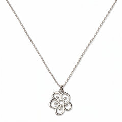 A Hawthorn May Flower Pendant Necklace by Skōsh Jewelry, featuring an open cutout hawthorn flower pendant on a fine sterling silver chain, displayed against a white background.