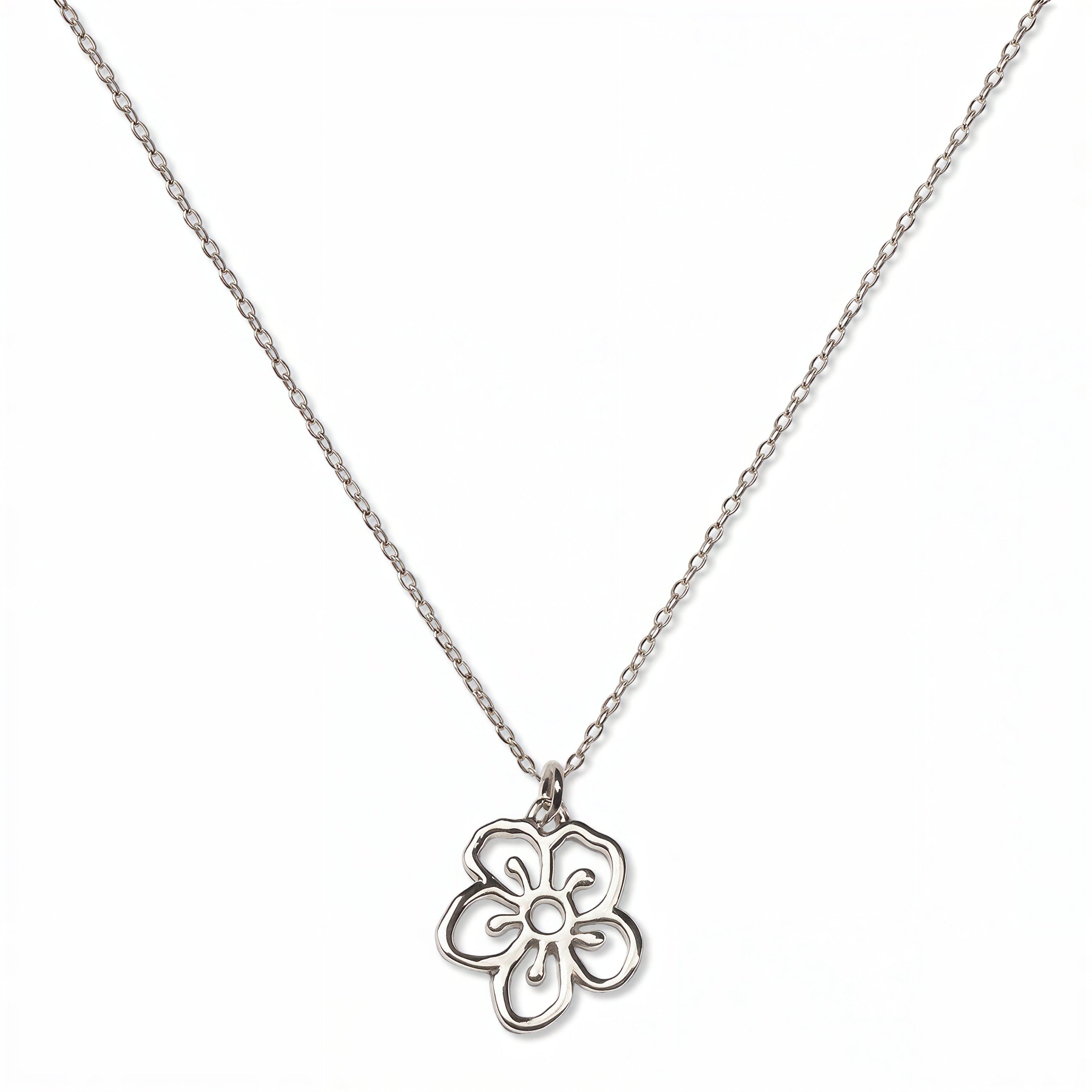 A Hawthorn May Flower Pendant Necklace by Skōsh Jewelry, featuring an open cutout hawthorn flower pendant on a fine sterling silver chain, displayed against a white background.