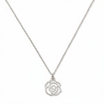 A Rose June Flower Pendant Necklace by Skōsh Jewelry, featuring an open cutout rose flower pendant on a fine sterling silver chain, displayed against a white background.