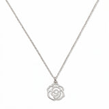 A Rose June Flower Pendant Necklace by Skōsh Jewelry, featuring an open cutout rose flower pendant on a fine sterling silver chain, displayed against a white background.