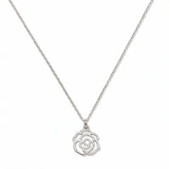 A Rose June Flower Pendant Necklace by Skōsh Jewelry, featuring an open cutout rose flower pendant on a fine sterling silver chain, displayed against a white background.