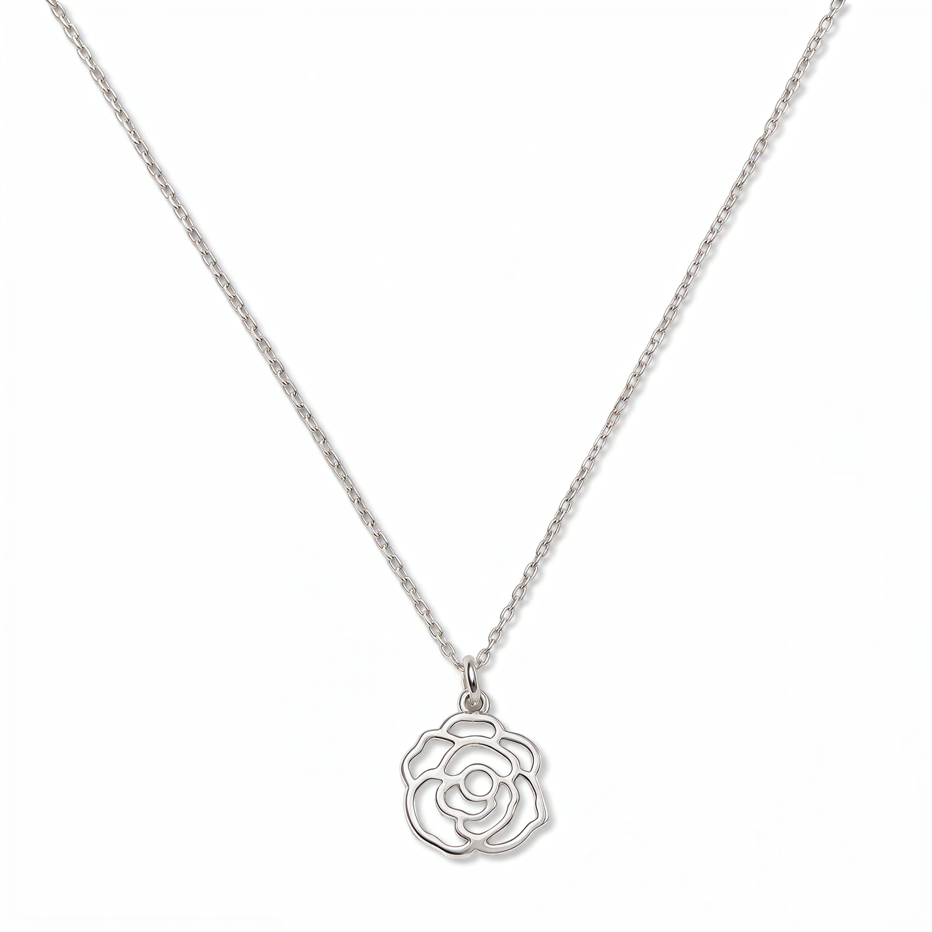 A Rose June Flower Pendant Necklace by Skōsh Jewelry, featuring an open cutout rose flower pendant on a fine sterling silver chain, displayed against a white background.