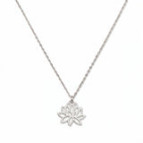 A Water Lily July Flower Pendant Necklace by Skōsh Jewelry, featuring an open cutout water lily flower pendant on a fine sterling silver chain, displayed against a white background.