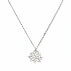 A Water Lily July Flower Pendant Necklace by Skōsh Jewelry, featuring an open cutout water lily flower pendant on a fine sterling silver chain, displayed against a white background.