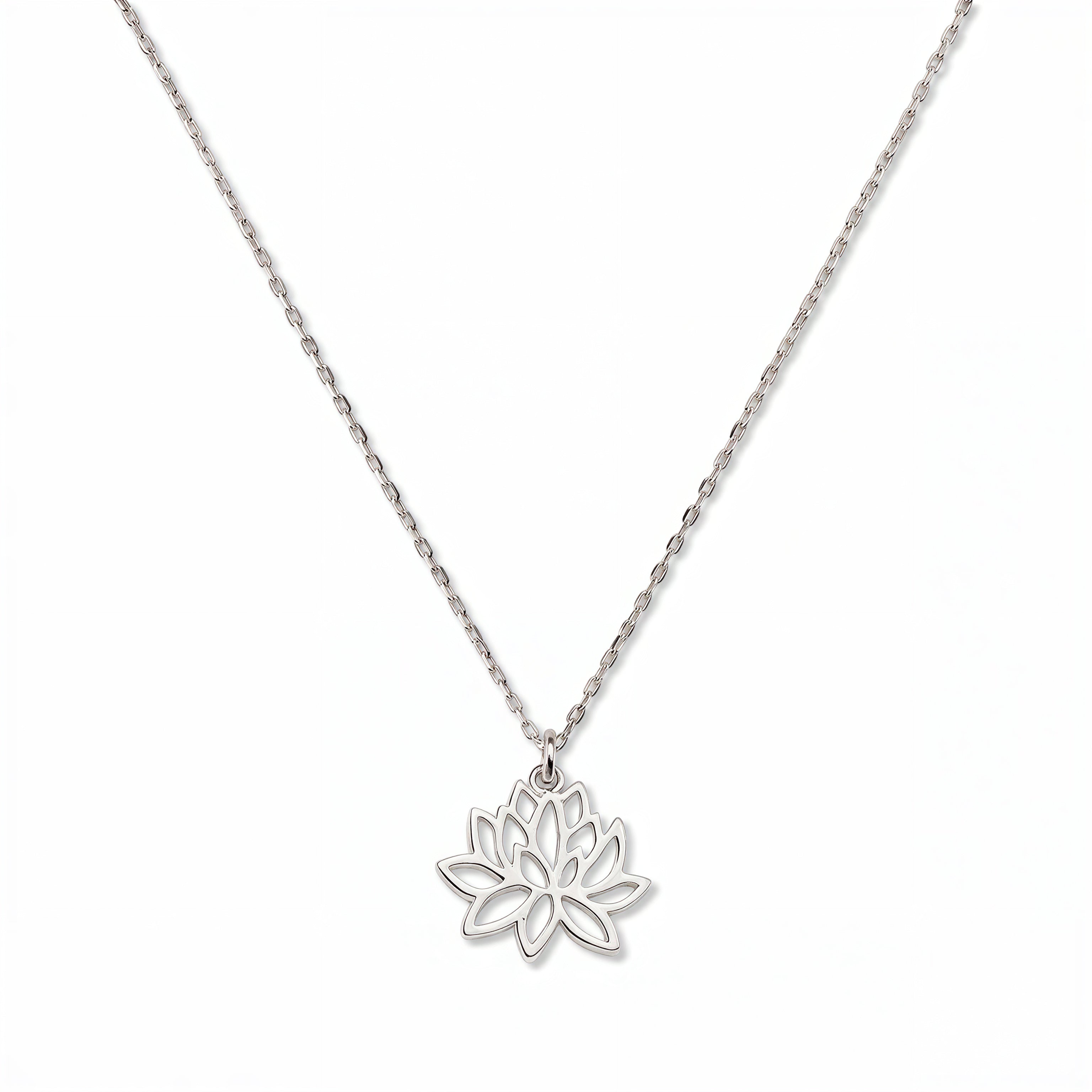 A Water Lily July Flower Pendant Necklace by Skōsh Jewelry, featuring an open cutout water lily flower pendant on a fine sterling silver chain, displayed against a white background.