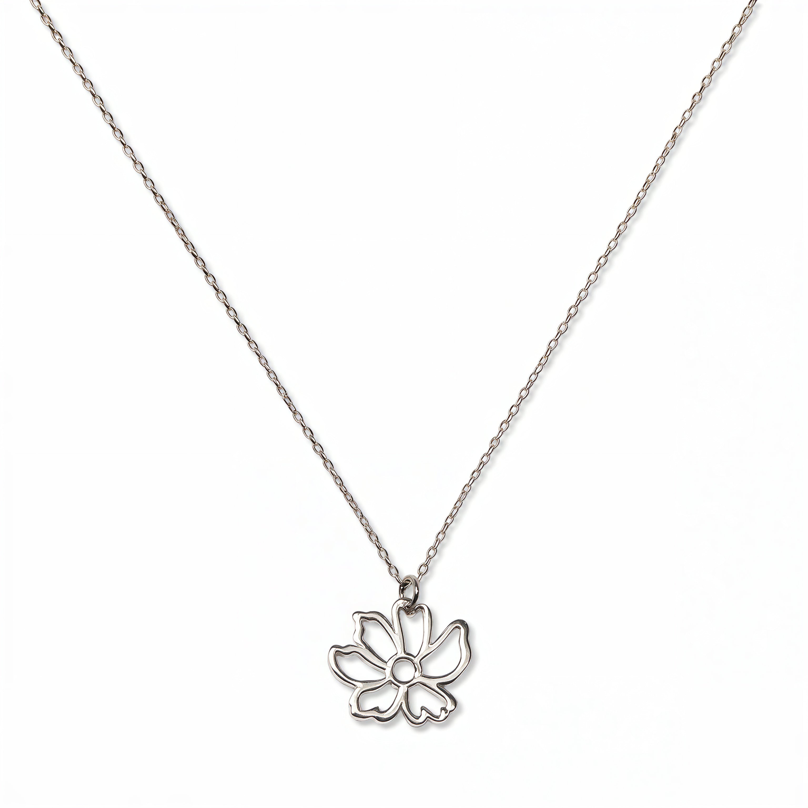 A Poppy August Flower Pendant Necklace by Skōsh Jewelry, featuring an open cutout poppy flower pendant on a fine sterling silver chain, displayed against a white background.