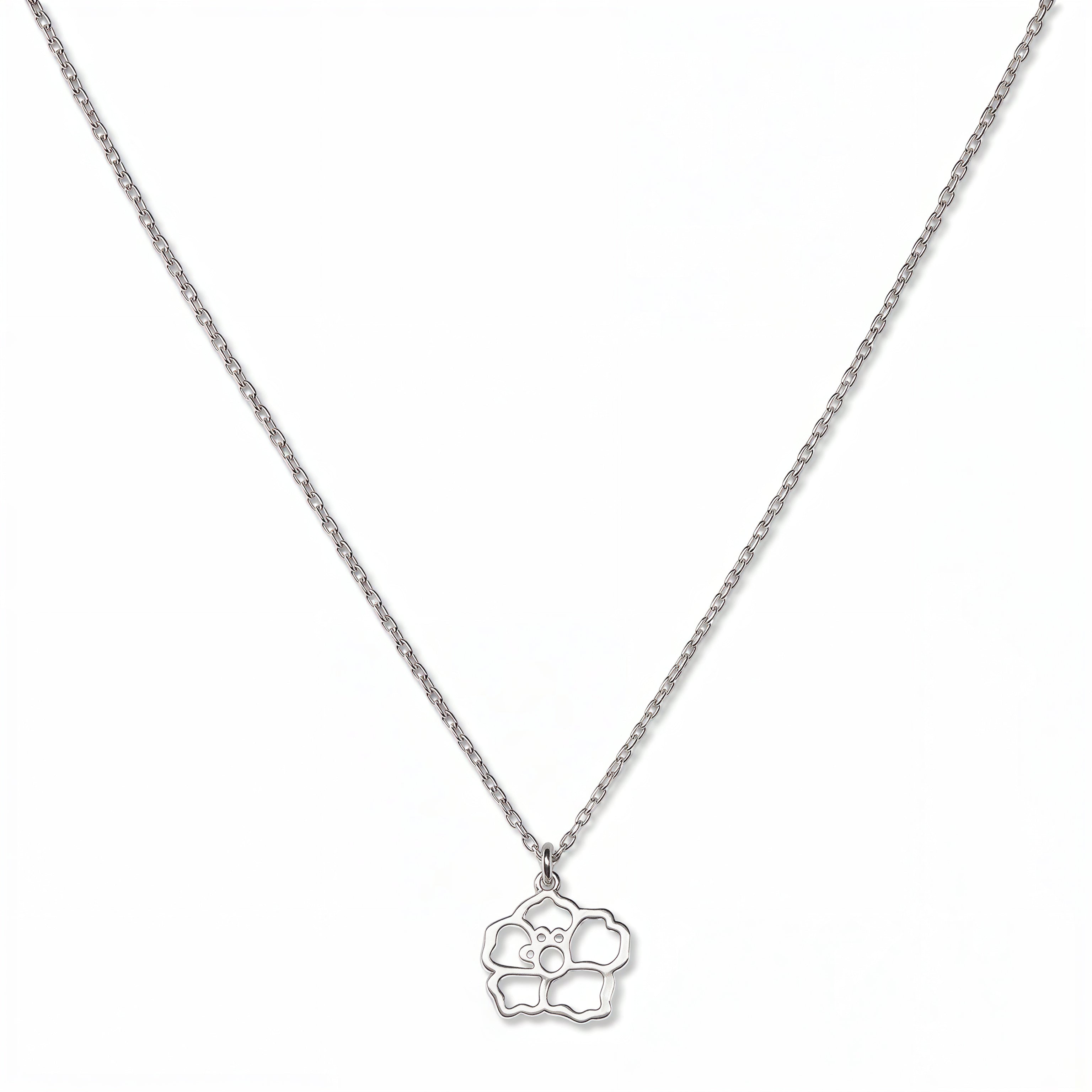 A Morning Glory September Flower Pendant Necklace by Skōsh Jewelry, featuring an open cutout morning glory flower pendant on a fine sterling silver chain, displayed against a white background.