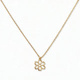 A Carnation January Flower Pendant Necklace by Skōsh Jewelry, featuring an open cutout carnation flower pendant on a fine gold chain, displayed against a white background.