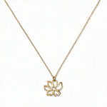 A Cosmos October Flower Pendant Necklace by Skōsh Jewelry, featuring an open cutout cosmos flower pendant on a fine gold chain, displayed against a white background.