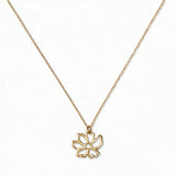 A Cosmos October Flower Pendant Necklace by Skōsh Jewelry, featuring an open cutout cosmos flower pendant on a fine gold chain, displayed against a white background.