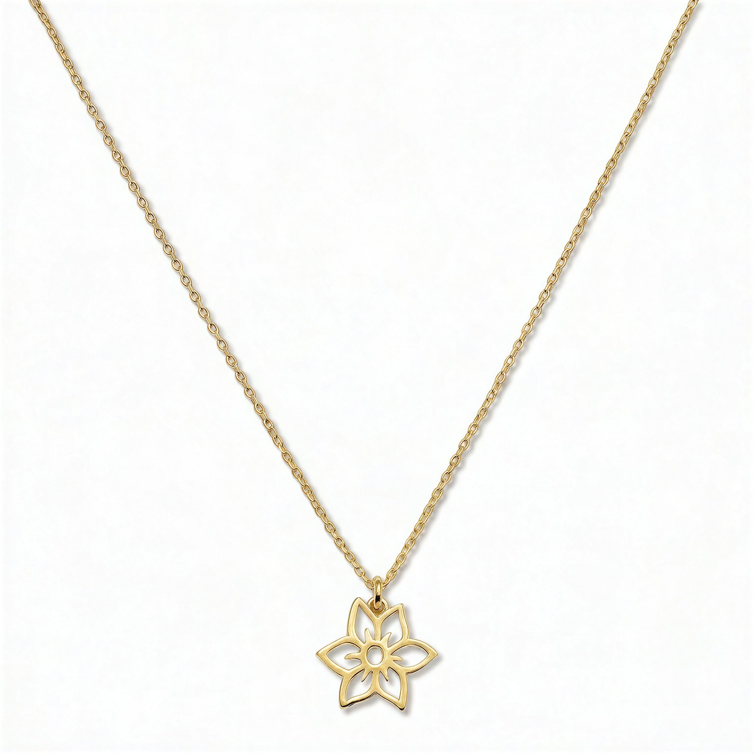 A Daffodil March Flower Pendant Necklace by Skōsh Jewelry, featuring an open cutout daffodil flower pendant on a fine gold chain, displayed against a white background.