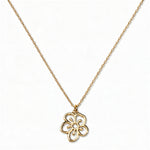 A Hawthorn May Flower Pendant Necklace by Skōsh Jewelry, featuring an open cutout hawthorn flower pendant on a fine gold chain, displayed against a white background.