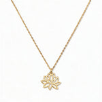 A Water Lily July Flower Pendant Necklace by Skōsh Jewelry, featuring an open cutout water lily flower pendant on a fine gold chain, displayed against a white background.