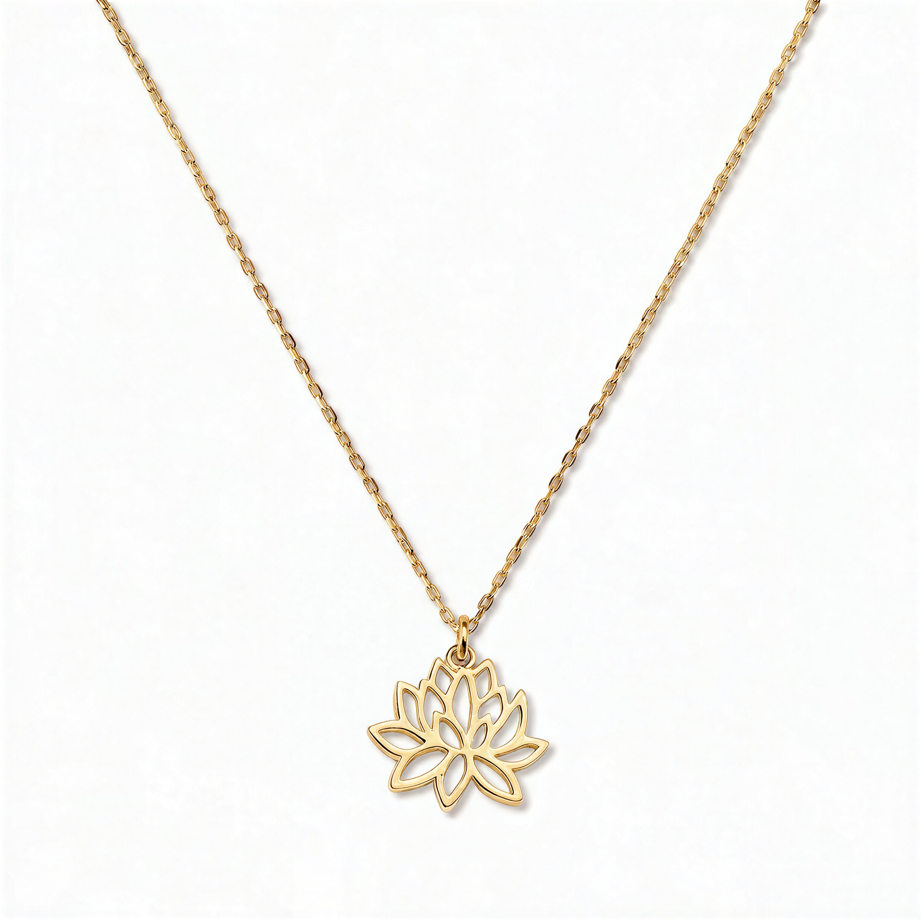 A Water Lily July Flower Pendant Necklace by Skōsh Jewelry, featuring an open cutout water lily flower pendant on a fine gold chain, displayed against a white background.