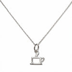 A Morning Brew Coffee Cup Pendant Necklace by Skōsh Jewelry, featuring an open outline of a coffee cup with steam on a fine sterling silver chain, displayed against a white background.
