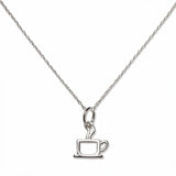 A Morning Brew Coffee Cup Pendant Necklace by Skōsh Jewelry, featuring an open outline of a coffee cup with steam on a fine sterling silver chain, displayed against a white background.