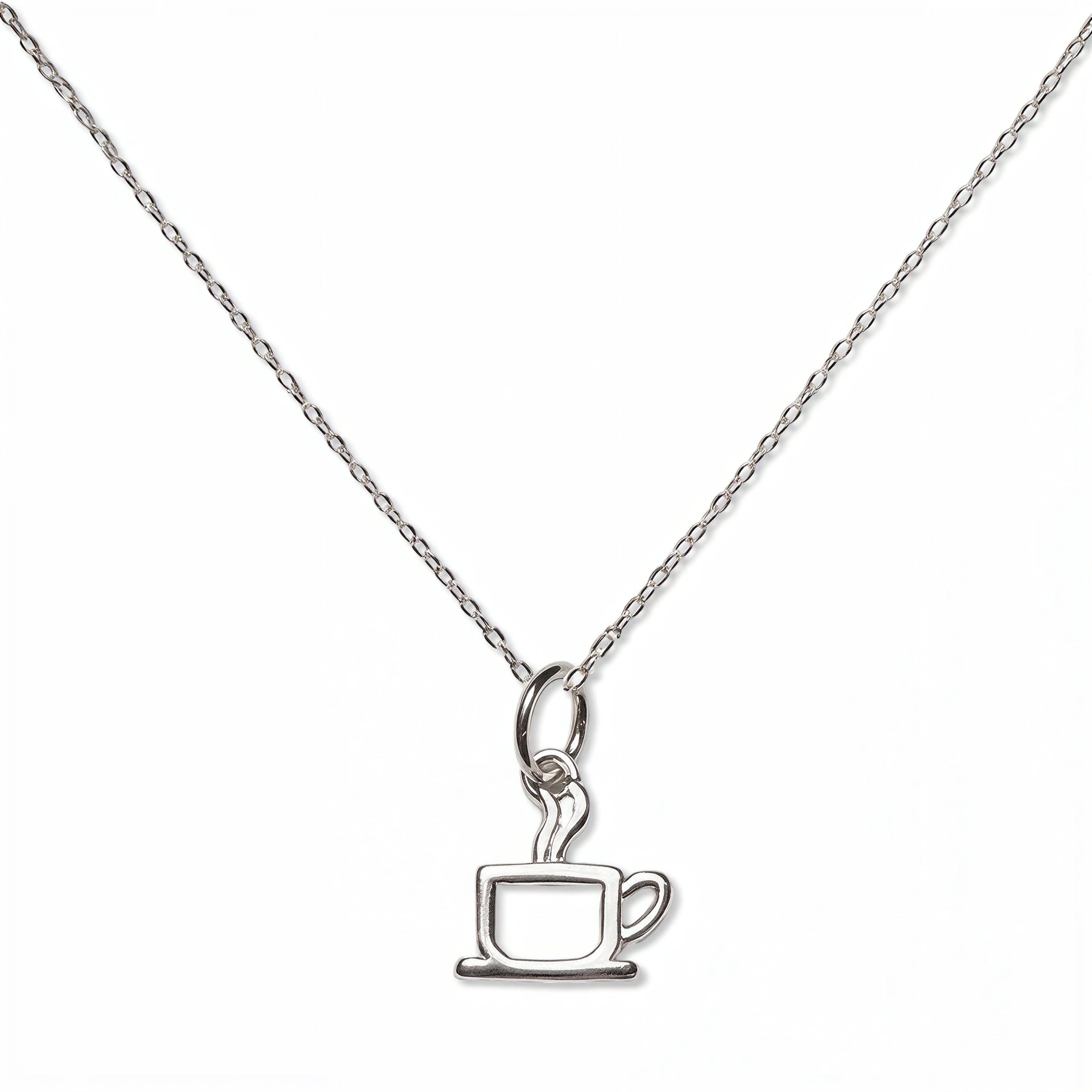 A Morning Brew Coffee Cup Pendant Necklace by Skōsh Jewelry, featuring an open outline of a coffee cup with steam on a fine sterling silver chain, displayed against a white background.