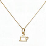 A Morning Brew Coffee Cup Pendant Necklace by Skōsh Jewelry, featuring an open outline of a coffee cup with steam on a fine gold chain, displayed against a white background.