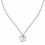 A Peach Pendant Necklace by Skōsh Jewelry, featuring an open outline of a peach with a leaf on a fine sterling silver chain, displayed against a white background.