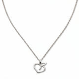 A Peach Pendant Necklace by Skōsh Jewelry, featuring an open outline of a peach with a leaf on a fine sterling silver chain, displayed against a white background.