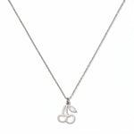 A Double Cherry Pendant Necklace by Skōsh Jewelry, featuring two small cherries joined at the stem on a fine sterling silver chain, displayed against a white background.