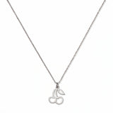 A Double Cherry Pendant Necklace by Skōsh Jewelry, featuring two small cherries joined at the stem on a fine sterling silver chain, displayed against a white background.