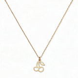 A Double Cherry Pendant Necklace by Skōsh Jewelry, featuring two small cherries joined at the stem on a fine gold chain, displayed against a white background.