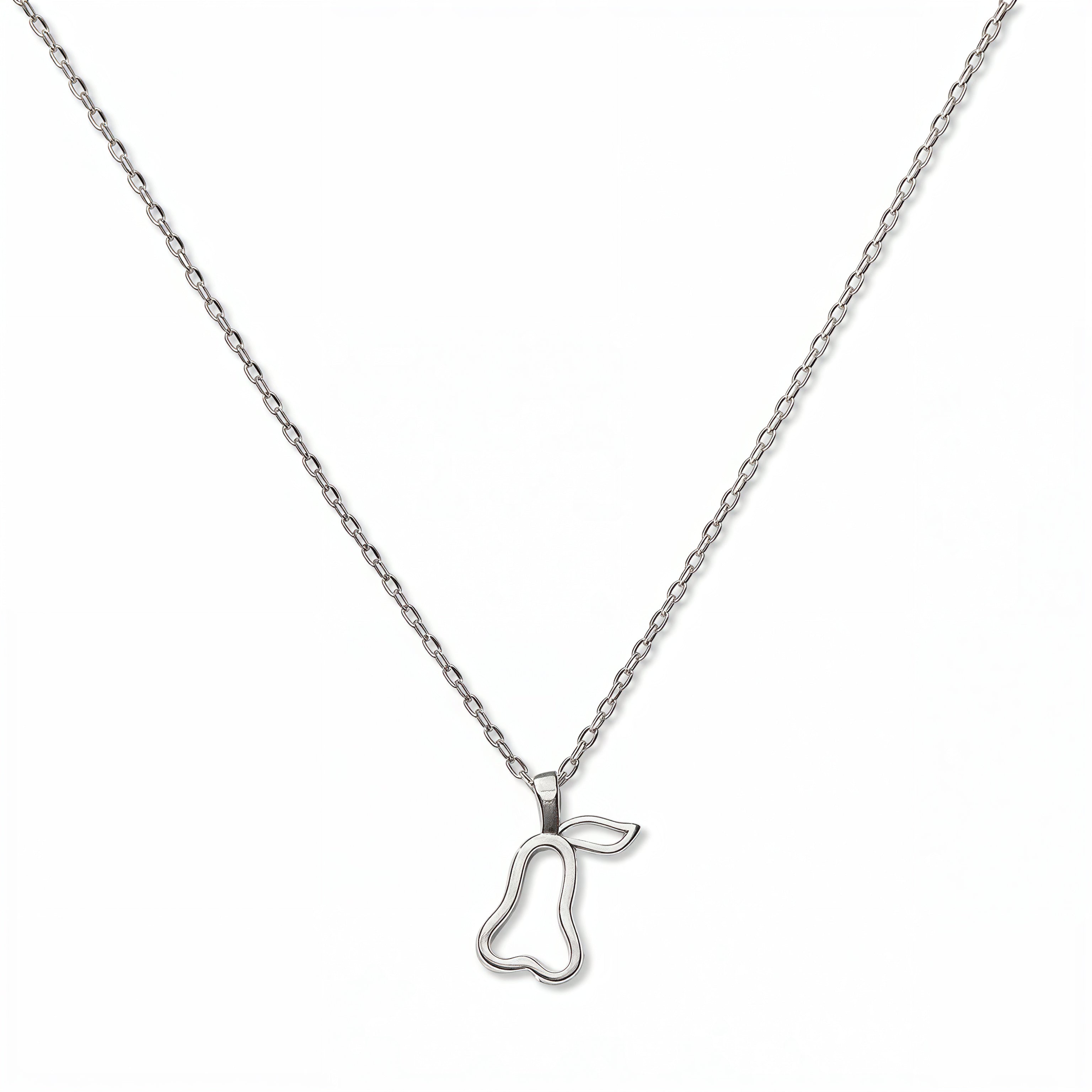 A Pear Pendant Necklace by Skōsh Jewelry, featuring an open outline of a pear on a fine sterling silver chain, displayed against a white background.