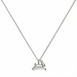 A New Beginnings Rabbit Pendant Necklace by Skōsh Jewelry, featuring a small leaping rabbit pendant on a fine sterling silver chain, displayed against a white background.