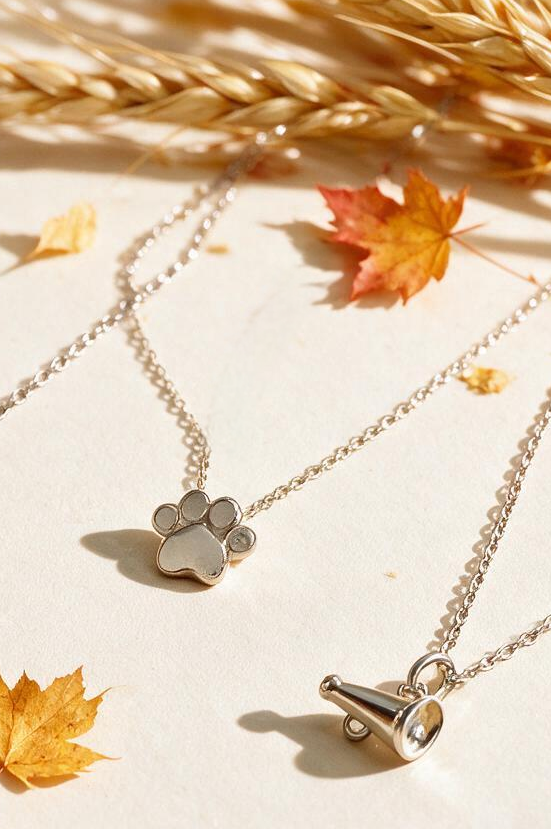 Paw print and megaphone game day necklaces by Skōsh Jewelry with autumn leaves and wheat